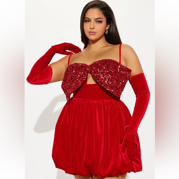 Clara Velvet Bubble Dress Set - Red NWT Fashion Nova - Picture 5 of 6